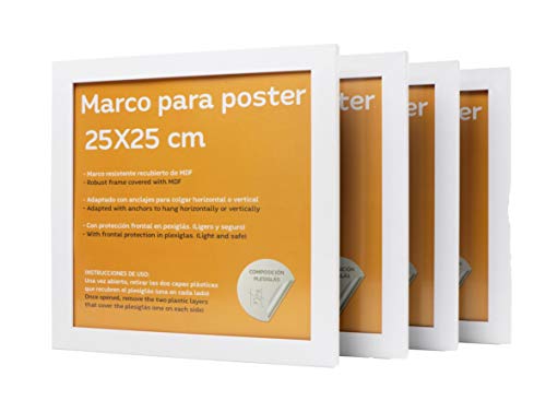 nacnic Set de 4 Marcos blancos para fotos posters láminas diplomas. Tamaño(25x25 cm).Robustos de MDF y frontal de plexiglas.Marcos blancos para colgar de alta calidad Oferta exclusiva