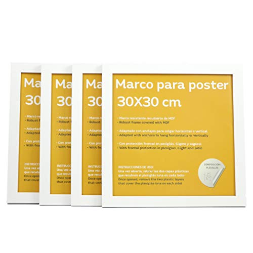 nacnic Set de 4 Marcos blancos para fotos posters láminas diplomas. Tamaño(30x30 cm).Robustos de MDF y frontal de plexiglas.Marcos blancos para colgar de alta calidad Última moda