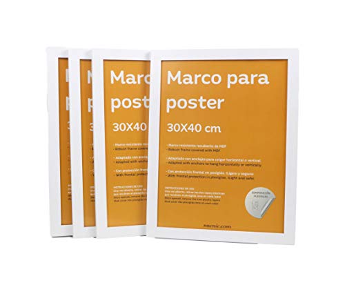 nacnic Set de 4 Marcos blancos para fotos posters láminas diplomas. Tamaño(30x40 cm). Robustos de MDF y frontal de plexiglas. Marcos blancos para colgar de alta calidad Últimos 3 días