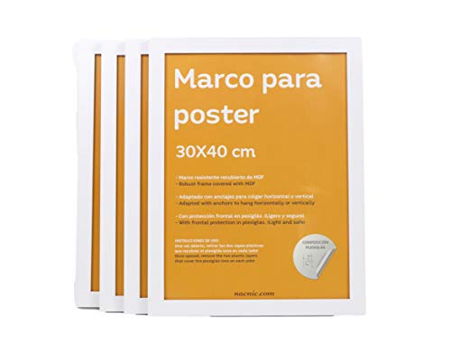 nacnic Set de 4 Marcos blancos para fotos posters láminas diplomas. Tamaño(30x40 cm). Robustos de MDF y frontal de plexiglas. Marcos blancos para colgar de alta calidad Últimos 3 días