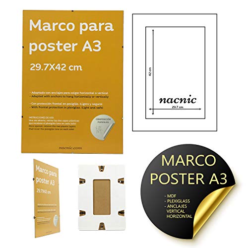 nacnic Marco Transparente de Clip Soporte Transparente para Fotos Posters Diplomas Dibujos o láminas. Tamaño A3 (29.7x42 cm). Marco Clip Transparente con plexiglas y Anclajes para Colgar ÚLTIMAS EDICIONES