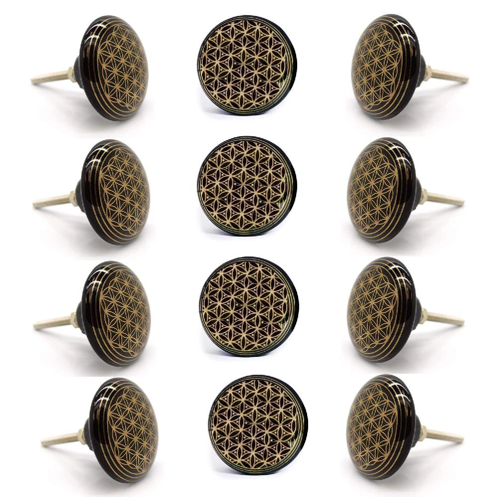 nacnic Set de 12 pomos tiradores de cerámica con diseño geométrico dorado y negro