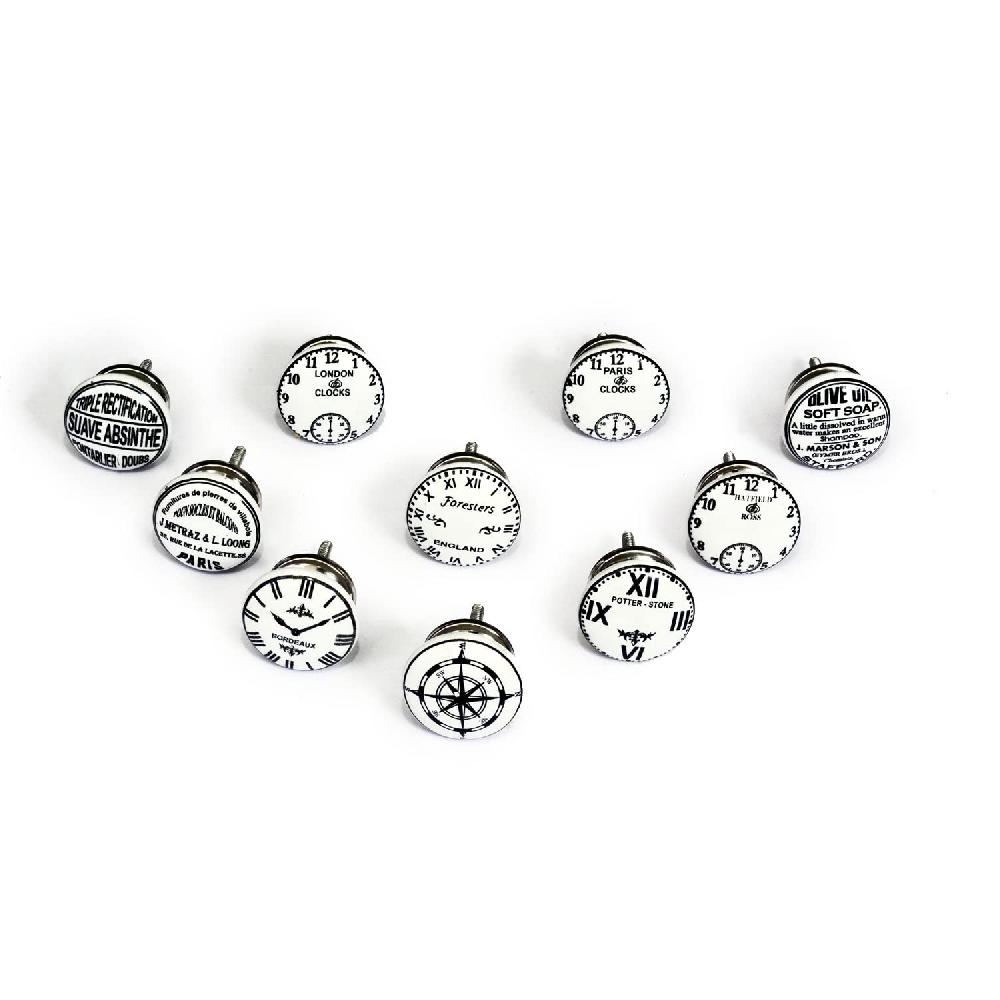 nacnic Juego de 10 pomos de cerámica con diseño de relojes en blanco y negro