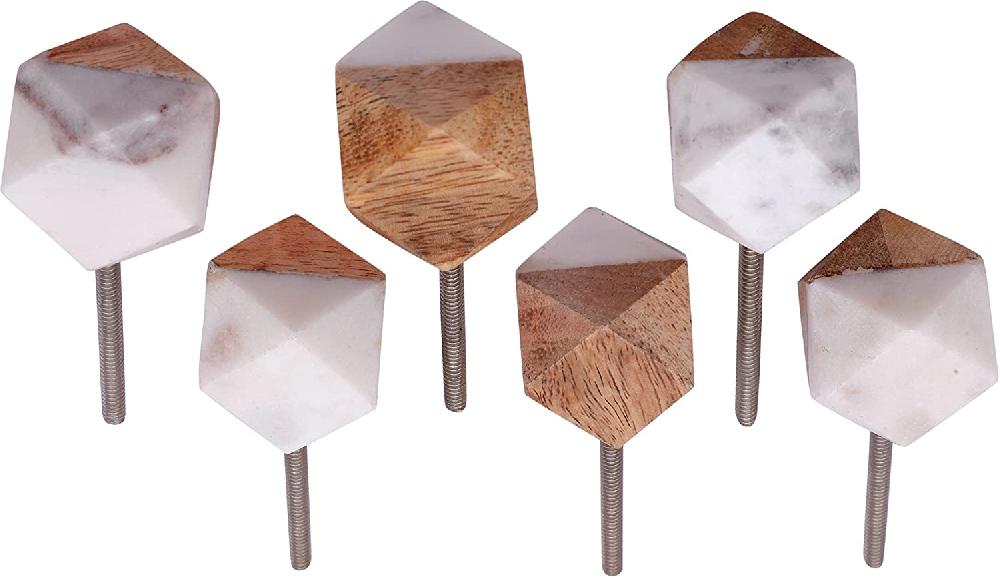nacnic Juego de 6 pomos tiradores de piedra y madera poliedro en tono hueso para muebles y habitaciones