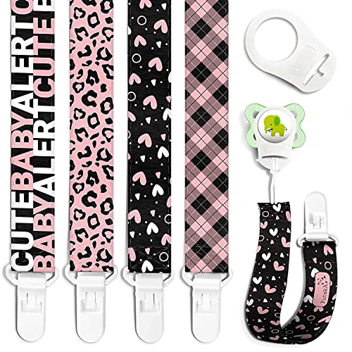 nacnic PUTSKA - Juego de 4 clips para chupete para niña Clip Binky se adapta a todos los chupetes y chupetes. Clips para chupete de bebé