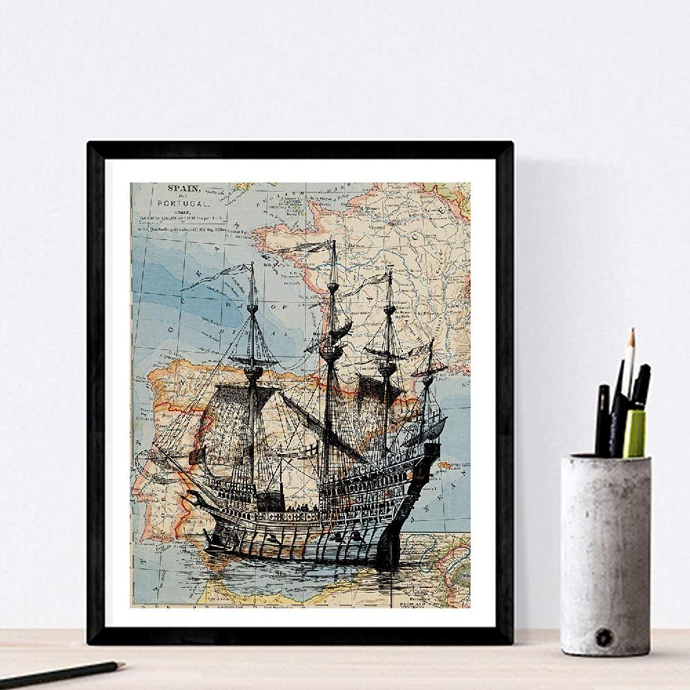 nacnic Pack de 3 Láminas Vintage de Mapas con Velero Bicicleta y Violines