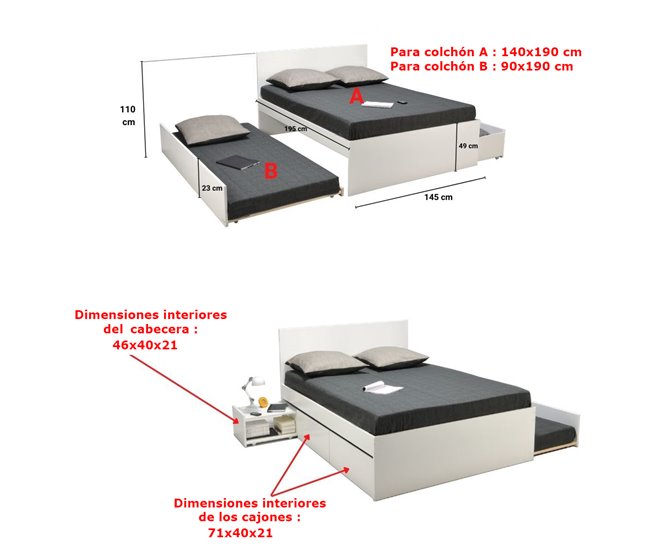 Conforama Cama nido ALPHA 140x190cm 2 cajones 1 mesita y cama blanco Tienda de fábrica
