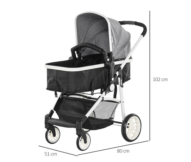 Conforama HOMCOM Silla de Paseo 2 en 1 Cochecito de Bebé y Capazo para Niños de 0-36 Meses con Capota Plegable Respaldo Reclinable Cesta Grande Palanca de Freno Carga 15kg 80x51x102 cm Gris En oferta