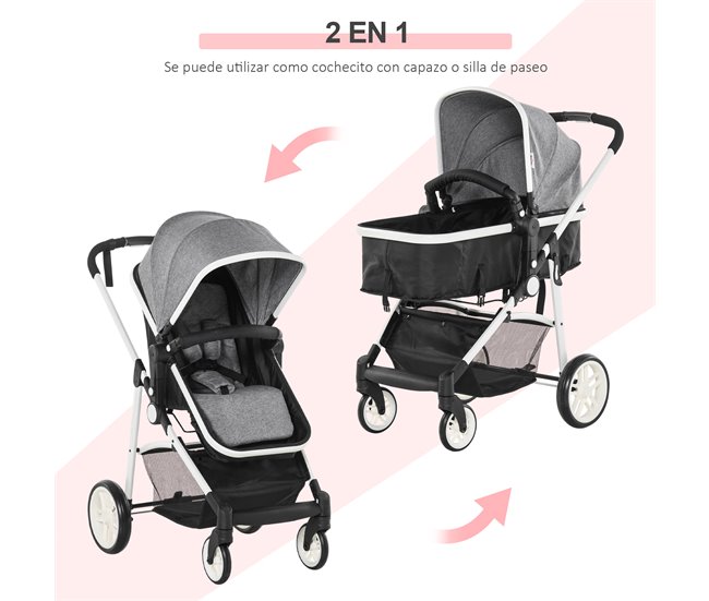 Conforama HOMCOM Silla de Paseo 2 en 1 Cochecito de Bebé y Capazo para Niños de 0-36 Meses con Capota Plegable Respaldo Reclinable Cesta Grande Palanca de Freno Carga 15kg 80x51x102 cm Gris En oferta