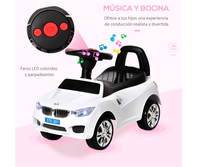 Conforama HOMCOM Coche Correpasillos para Niños de 18-36 Meses con Faros Música Bocina Volante Espacio de Almacenaje y Asa para Empujar 63 5x28x36 cm Blanco Ofertas de temporada