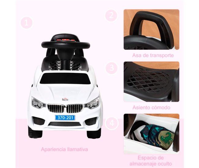 Conforama HOMCOM Coche Correpasillos para Niños de 18-36 Meses con Faros Música Bocina Volante Espacio de Almacenaje y Asa para Empujar 63 5x28x36 cm Blanco Ofertas de temporada