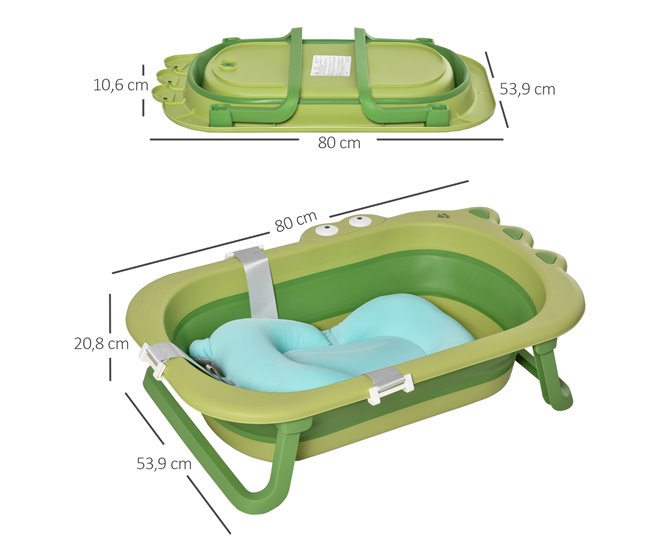 Conforama HOMCOM Bañera Plegable para Bebé Recién Nacido hasta 3 Años 50 Litros con Cojín Cómodo y Patas Plegables Carga 50 kg 80x53 9x20 8 cm Verde Rebajas de fin de temporada