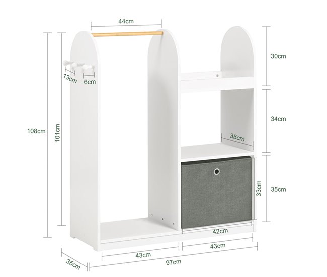 Conforama Armario Infantil con 3 Ganchos 1 Cesta y 1 Percha Mueble Organizador Juguetes y Ropa 97 x 35 x 108 cm KMB40-W SoBuy Rebajas