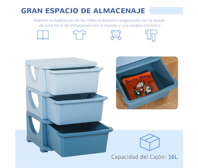 Conforama HOMCOM Torre de Almacenamiento Infantil con 3 Cajones Organizador de Juguetes para Niños +3 Años Gran Almacenaje con Asas para Juguetes Ropa Libros 37x37x56 5 cm Azul Ofertas