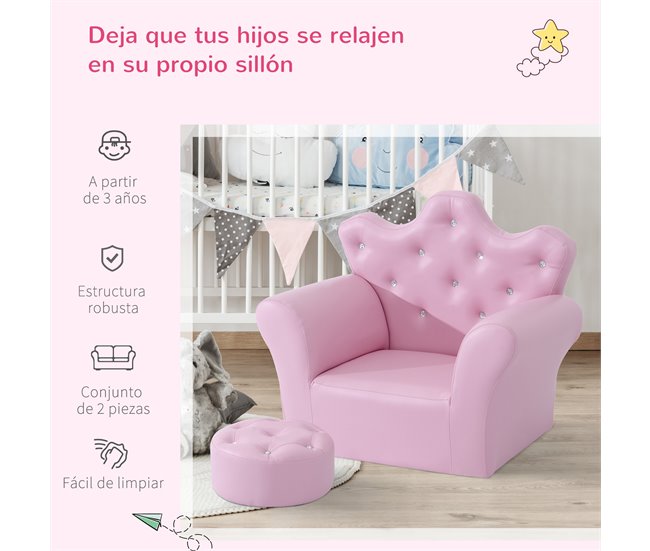 Conforama HOMCOM Sofá para Niños con Reposapiés Sillón Infantil Decorativo con Respaldo Alto en Forma de Corona y Reposabrazos Acolchado 58x40 5x49 cm Rosa Rebajas de fábrica