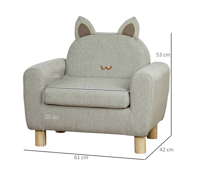 Conforama HOMCOM Sillón Infantil Mini Sofá para Niños de +3 Años con Asiento Acolchado Reposabrazos Bolsillo de Almacenamiento y Estructura de Madera Carga 45 kg 61x42x53 cm Gris Ventas relámpago