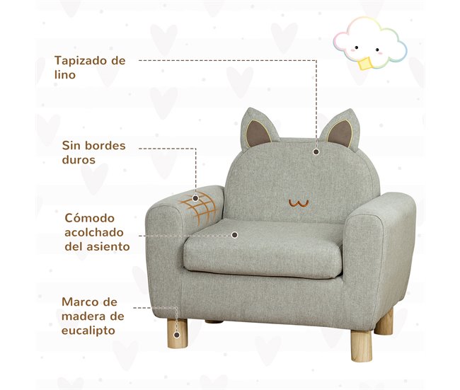 Conforama HOMCOM Sillón Infantil Mini Sofá para Niños de +3 Años con Asiento Acolchado Reposabrazos Bolsillo de Almacenamiento y Estructura de Madera Carga 45 kg 61x42x53 cm Gris Ventas relámpago