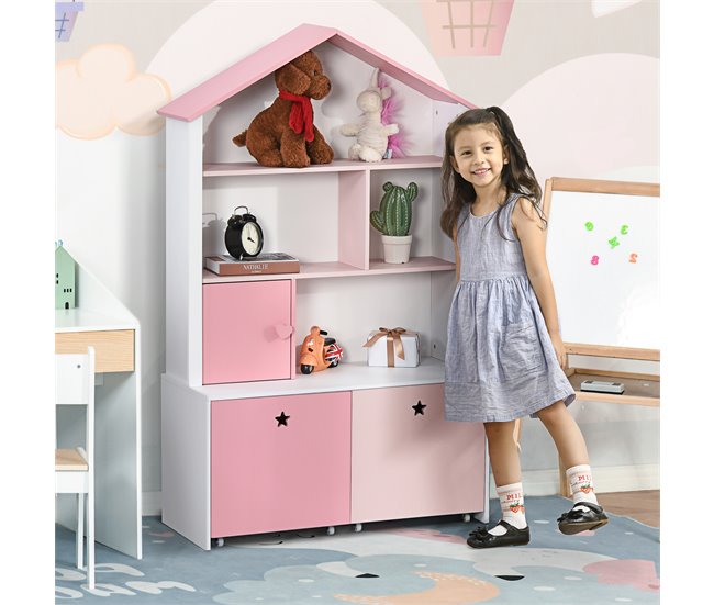 Conforama HOMCOM Estantería de Madera Infantil Librería para Niños con 4 Compartimentos 1 Puerta y 2 Cajones Extraíbles con Ruedas para Libros Juguetes 80x34x130 cm Rosa y Blanco Descuento