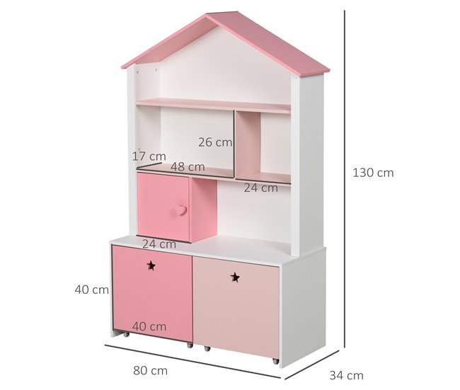 Conforama HOMCOM Estantería de Madera Infantil Librería para Niños con 4 Compartimentos 1 Puerta y 2 Cajones Extraíbles con Ruedas para Libros Juguetes 80x34x130 cm Rosa y Blanco Descuento