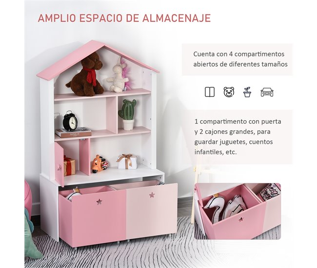 Conforama HOMCOM Estantería de Madera Infantil Librería para Niños con 4 Compartimentos 1 Puerta y 2 Cajones Extraíbles con Ruedas para Libros Juguetes 80x34x130 cm Rosa y Blanco Descuento