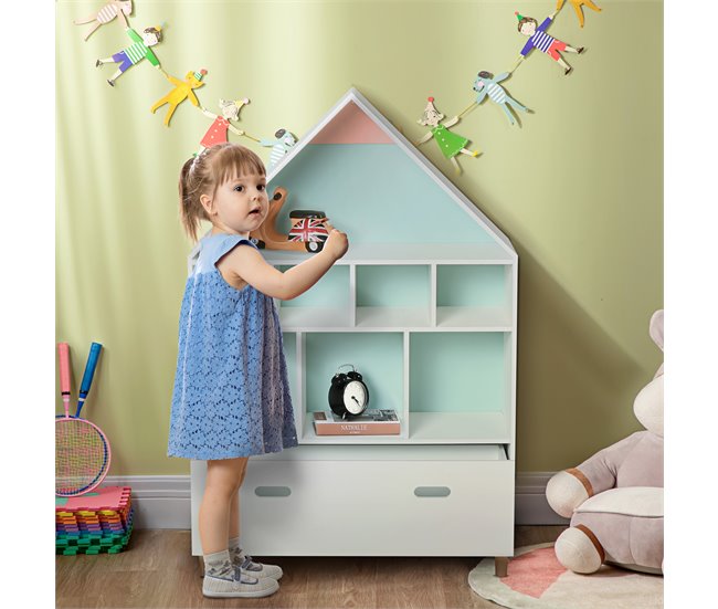 Conforama HOMCOM Estantería de Madera Infantil Forma de Casa Librería para Niños con 8 Compartimentos Abiertos y Cajón de 2 Colores 82x30x126 cm Blanco Tienda