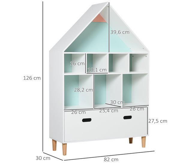 Conforama HOMCOM Estantería de Madera Infantil Forma de Casa Librería para Niños con 8 Compartimentos Abiertos y Cajón de 2 Colores 82x30x126 cm Blanco Tienda