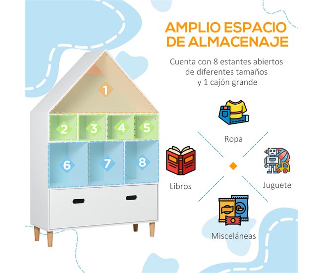 Conforama HOMCOM Estantería de Madera Infantil Forma de Casa Librería para Niños con 8 Compartimentos Abiertos y Cajón de 2 Colores 82x30x126 cm Blanco Tienda
