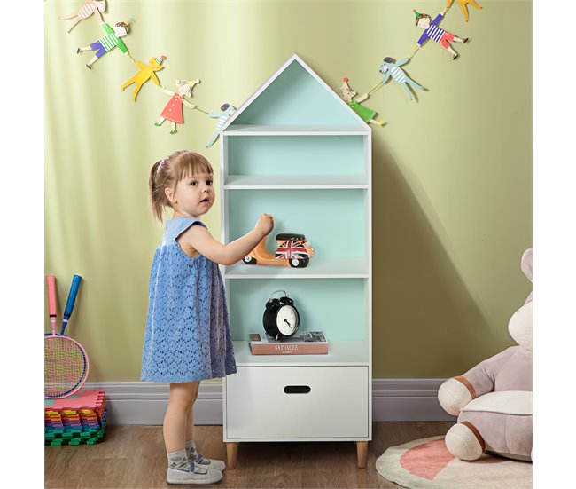 Conforama HOMCOM Estantería Infantil Librería de Madera para Niños para Libros Juguetes DVDs con 4 Estantes 1 Cajón Tablero de 2 Colores Diseño Compacto 50x30x142 cm Blanco Liquidación