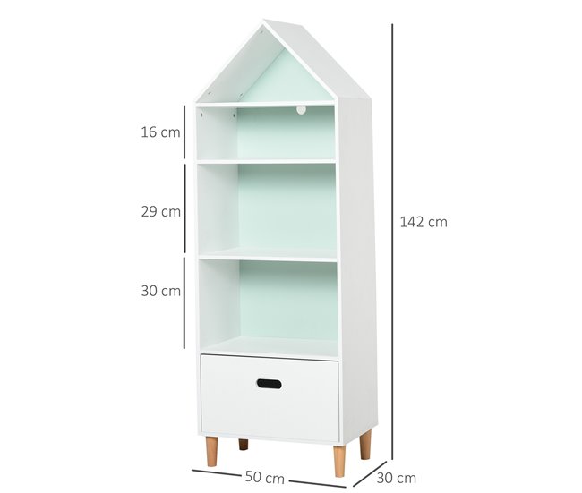 Conforama HOMCOM Estantería Infantil Librería de Madera para Niños para Libros Juguetes DVDs con 4 Estantes 1 Cajón Tablero de 2 Colores Diseño Compacto 50x30x142 cm Blanco Liquidación