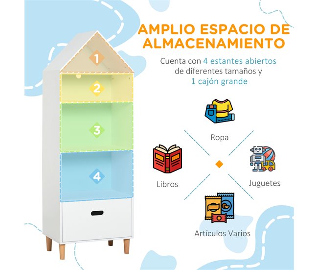 Conforama HOMCOM Estantería Infantil Librería de Madera para Niños para Libros Juguetes DVDs con 4 Estantes 1 Cajón Tablero de 2 Colores Diseño Compacto 50x30x142 cm Blanco Liquidación