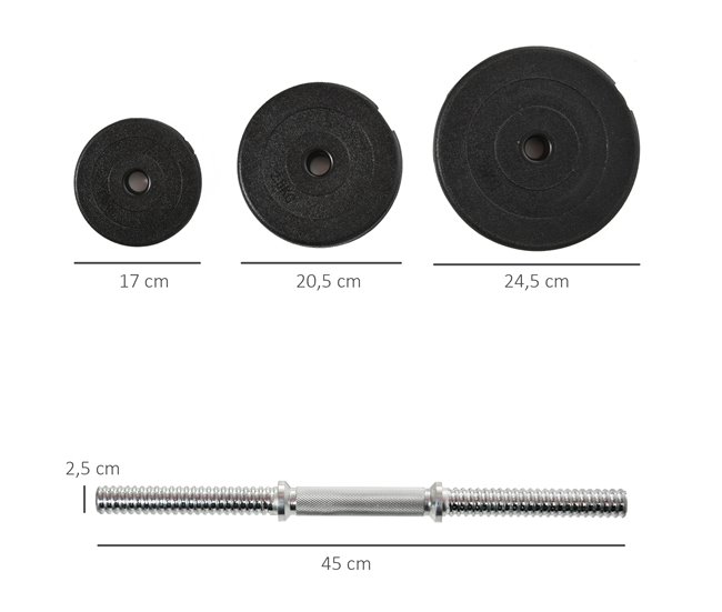 Conforama HOMCOM Juego de Mancuernas Pesas de Fitness 4x5 kg 4x2 5 kg 4x1 5 kg Total 40 kg Ajustable Profesionales Gimnasio Doméstico y Musculación con 2 Barras Ø25x450 mm Acero y Discos Oferta especial de fábrica