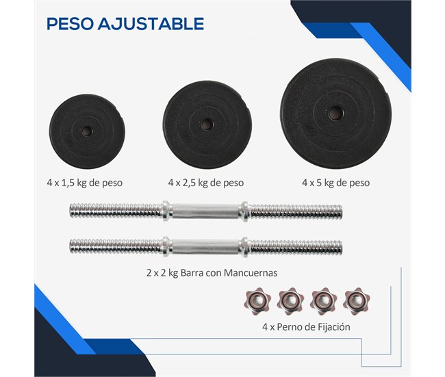 Conforama HOMCOM Juego de Mancuernas Pesas de Fitness 4x5 kg 4x2 5 kg 4x1 5 kg Total 40 kg Ajustable Profesionales Gimnasio Doméstico y Musculación con 2 Barras Ø25x450 mm Acero y Discos Oferta especial de fábrica