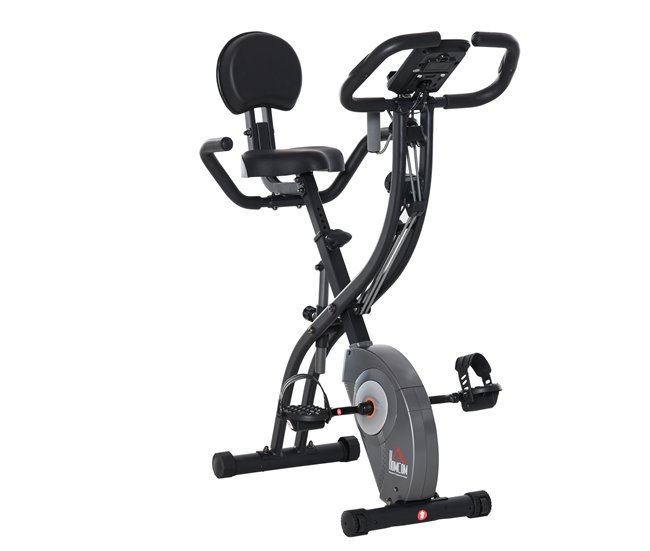 Conforama HOMCOM Bicicleta Estática Plegable Resistencia Ajustable de 8 Niveles con Sensor de Pulso Pantalla LCD Sillín Regulable Respaldo Bandas de Resistencia para Entrenamiento en Casa 107x53x107 cm Negro