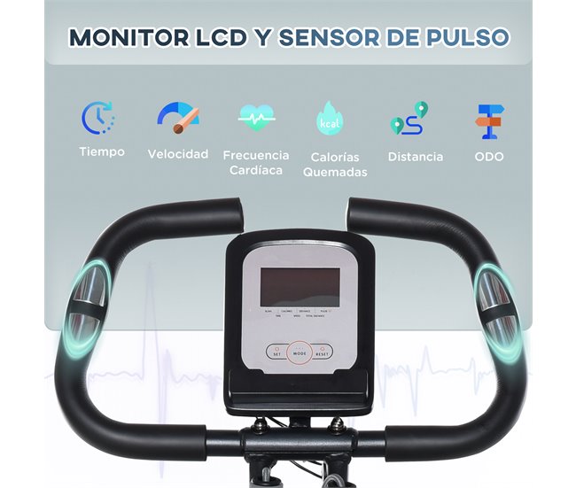 Conforama HOMCOM Bicicleta Estática Plegable Resistencia Ajustable de 8 Niveles con Sensor de Pulso Pantalla LCD Sillín Regulable Respaldo Bandas de Resistencia para Entrenamiento en Casa 107x53x107 cm Negro Promoción trimestral