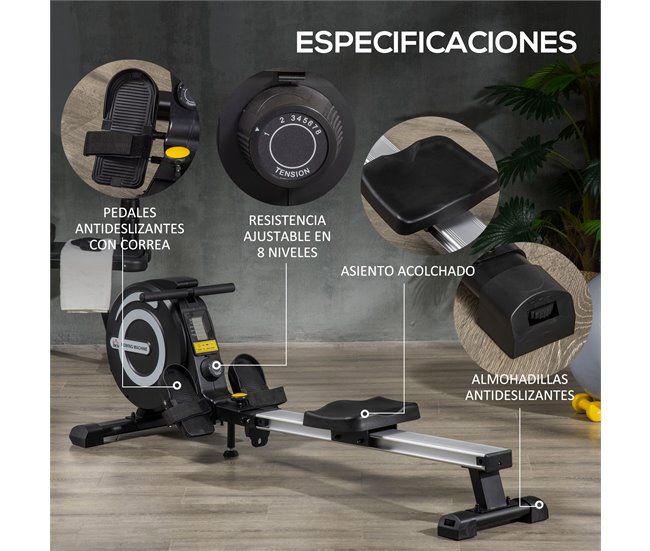 Conforama HOMCOM Máquina de Remo Plegable Remo para Casa con 8 Niveles de Resistencia Magnética Volante de 4kg Monitor LCD Silencioso Carga 120kg para Fitness Entrenamiento Hogar 185x58x57 cm Negro y Plata Solo queda un día