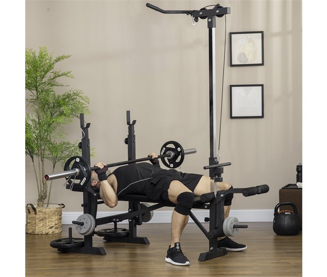 Conforama HOMCOM Banco de Pesas Multifuncional Banco de Musculación Ajustable en 6 Posiciones para Entrenamiento de Cuerpo Completo en Gimnasio Casa Carga 150 kg 180x134x200 cm Plata y Negro Superdescuento