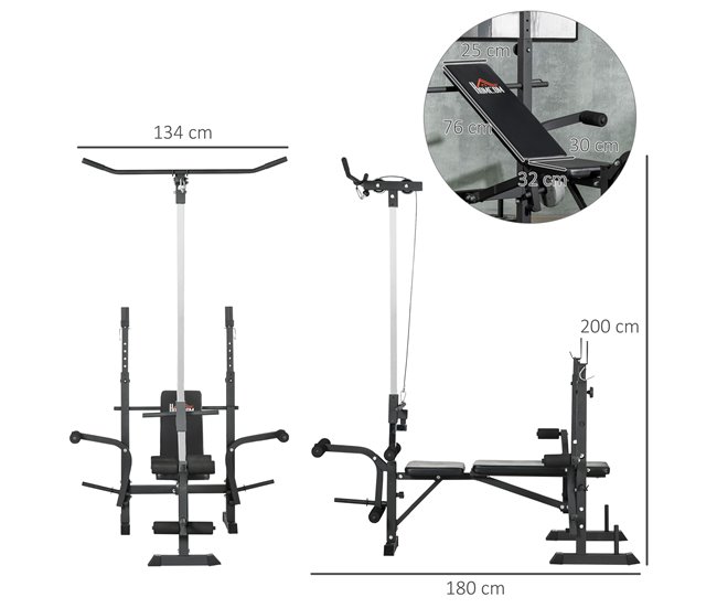 Conforama HOMCOM Banco de Pesas Multifuncional Banco de Musculación Ajustable en 6 Posiciones para Entrenamiento de Cuerpo Completo en Gimnasio Casa Carga 150 kg 180x134x200 cm Plata y Negro Superdescuento