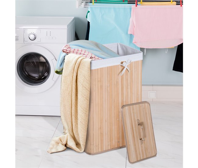 Conforama HOMCOM Cesto para Ropa Sucia Plegable con Tapa Cubo para Colada Cesta de Lavandería Rectangular Bambú 70L con Asas 40x30x60cm Ofertas de temporada