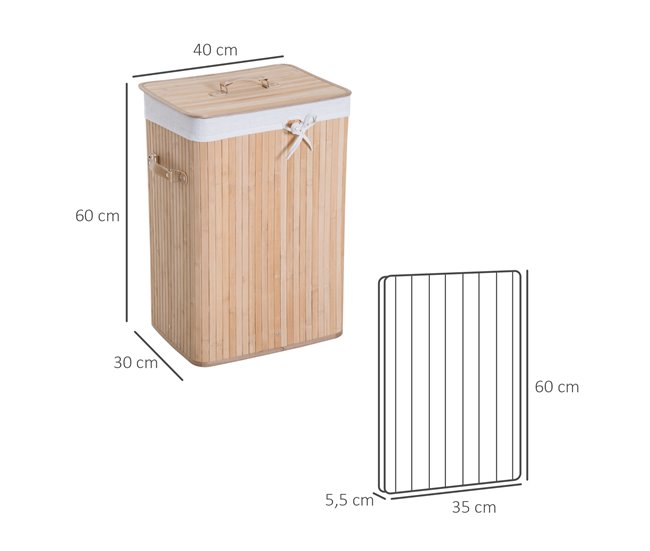 Conforama HOMCOM Cesto para Ropa Sucia Plegable con Tapa Cubo para Colada Cesta de Lavandería Rectangular Bambú 70L con Asas 40x30x60cm Ofertas de temporada