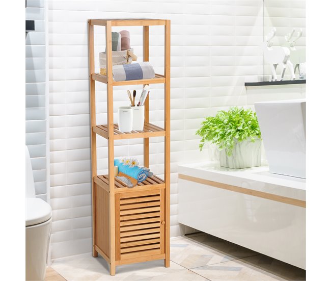 Conforama HOMCOM Estantería de Bambú para Baño Armario Alto Librería Organizador 4 Niveles 1 Puerta 36x33x140cm Grandes ahorros