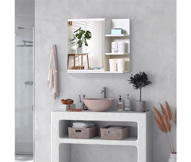 Conforama kleankin Armario de Baño con Espejo Montado en la Pared con 3 Estantes Abiertos y 1 Puerta con Balda Interior Estilo Moderno 60x18x50 cm Blanco Rebajas de fin de temporada