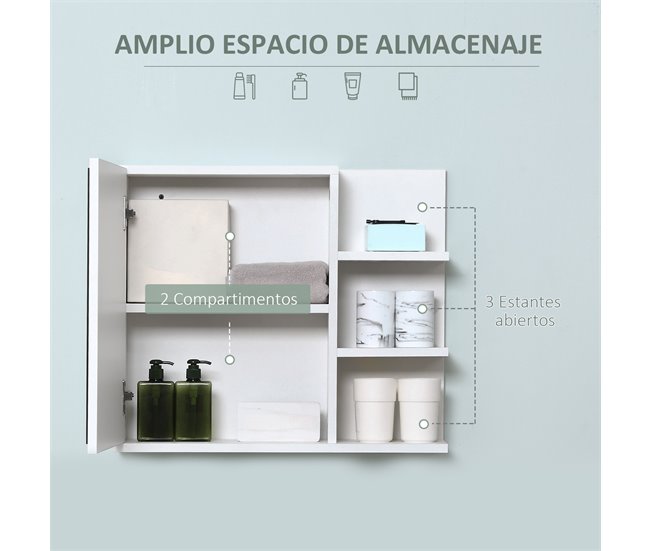 Conforama kleankin Armario de Baño con Espejo Montado en la Pared con 3 Estantes Abiertos y 1 Puerta con Balda Interior Estilo Moderno 60x18x50 cm Blanco Rebajas de fin de temporada