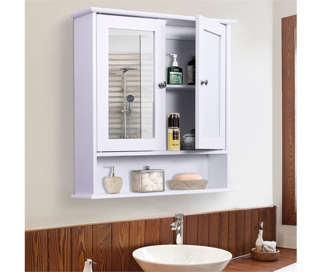 Conforama kleankin Armario de Baño con Espejo de Pared con 2 Puertas Armario de 3 Niveles para Almacenamiento Armario de Pared para Cocina Baño Salón Tablero de MDF Fuerte y Fácil de Limpiar Blanco 56x13x58cm Devoluciones gratuitas