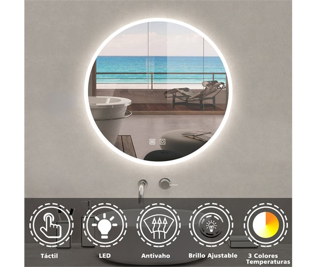 Conforama Espejo redondo de baño LED 60cm + antivaho + brillo ajustable 2025