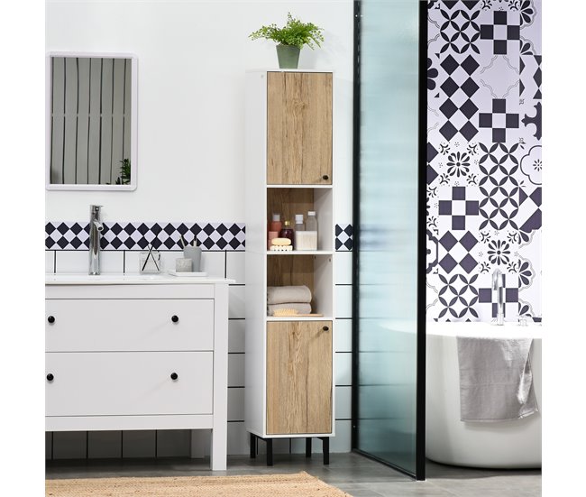 Conforama kleankin Armario Alto de Baño Columna Auxiliar de Baño con 2 Puertas y 6 Estantes para Ducha Aseo Dormitorio Estilo Moderno 30x31 5x169 cm Blanco y Roble Rebajas baratas