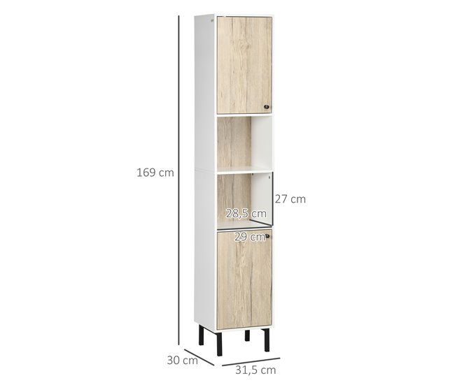 Conforama kleankin Armario Alto de Baño Columna Auxiliar de Baño con 2 Puertas y 6 Estantes para Ducha Aseo Dormitorio Estilo Moderno 30x31 5x169 cm Blanco y Roble Rebajas baratas