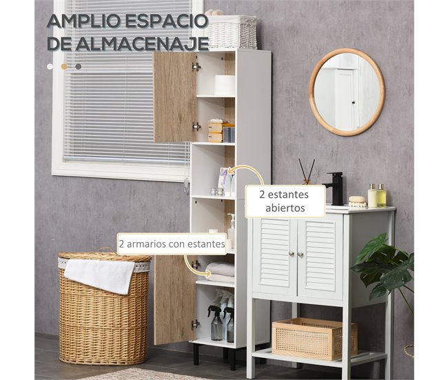 Conforama kleankin Armario Alto de Baño Columna Auxiliar de Baño con 2 Puertas y 6 Estantes para Ducha Aseo Dormitorio Estilo Moderno 30x31 5x169 cm Blanco y Roble Rebajas baratas