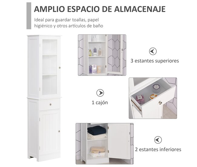 Conforama kleankin Armario Alto para Baño Mueble Auxiliar de Baño de Estilo Moderno con 2 Puertas Estantes Ajustables y 1 Cajón 40x27x171 5 cm Blanco Los más vendidos