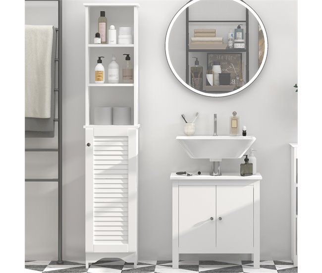 Conforama HOMCOM Armario Alto de Baño con 1 Puerta 3 Estantes Abiertos y Balda Interior Ajustable Mueble Auxiliar de Almacenaje para Salón Aseo Dormitorio 34x20x165 cm Blanco Ventas relámpago