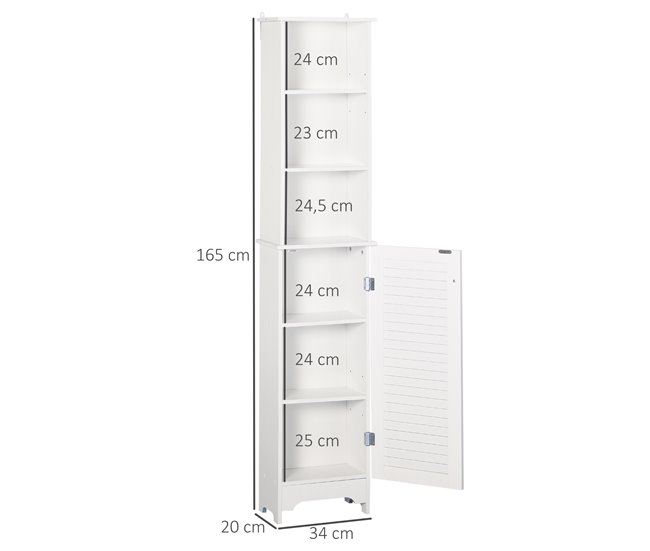 Conforama HOMCOM Armario Alto de Baño con 1 Puerta 3 Estantes Abiertos y Balda Interior Ajustable Mueble Auxiliar de Almacenaje para Salón Aseo Dormitorio 34x20x165 cm Blanco Ventas relámpago